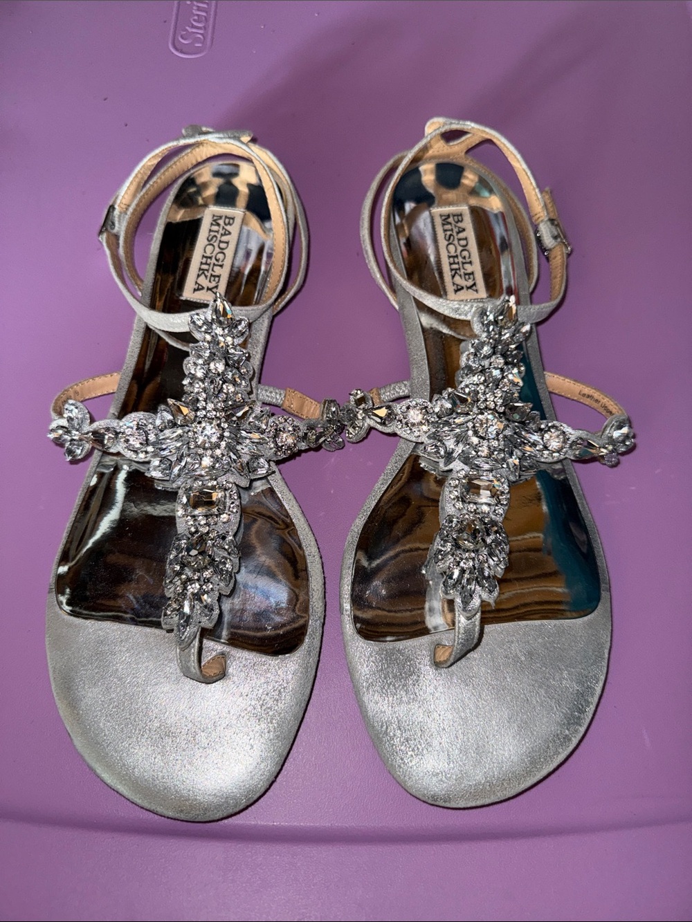 Badgley Mischka Silver Jeweled T-Strap Sandals - Picture 5 of 6